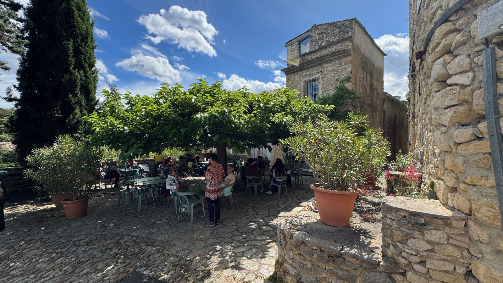 Terrasse sous la treille au village de La Roque-sur-Cèze