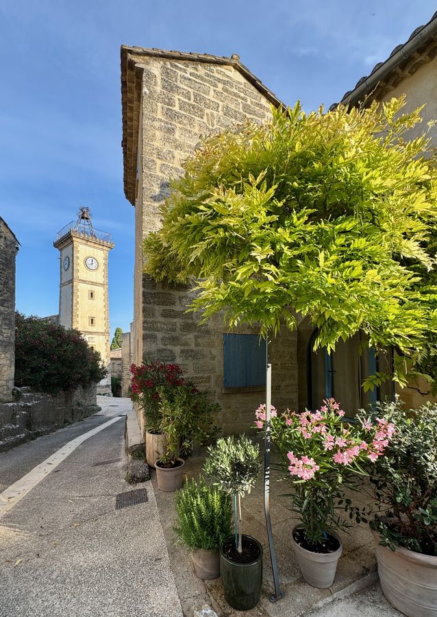 Rue du village, la tour de l'horloge derrière un arbre doré
